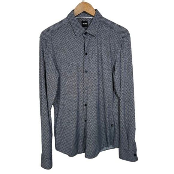 Hugo Boss Robbie Sharp Fit Button Down Long Sleeve Shirt M Navy Blue Stretch - Picture 1 of 7